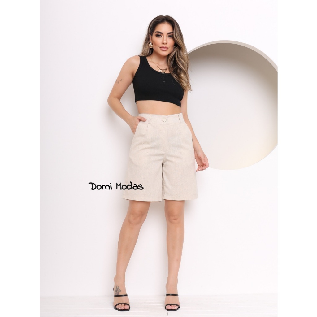 Domi Modas Bermuda de Linho Feminina Tendência 2024   Não acompanha Cinto 135