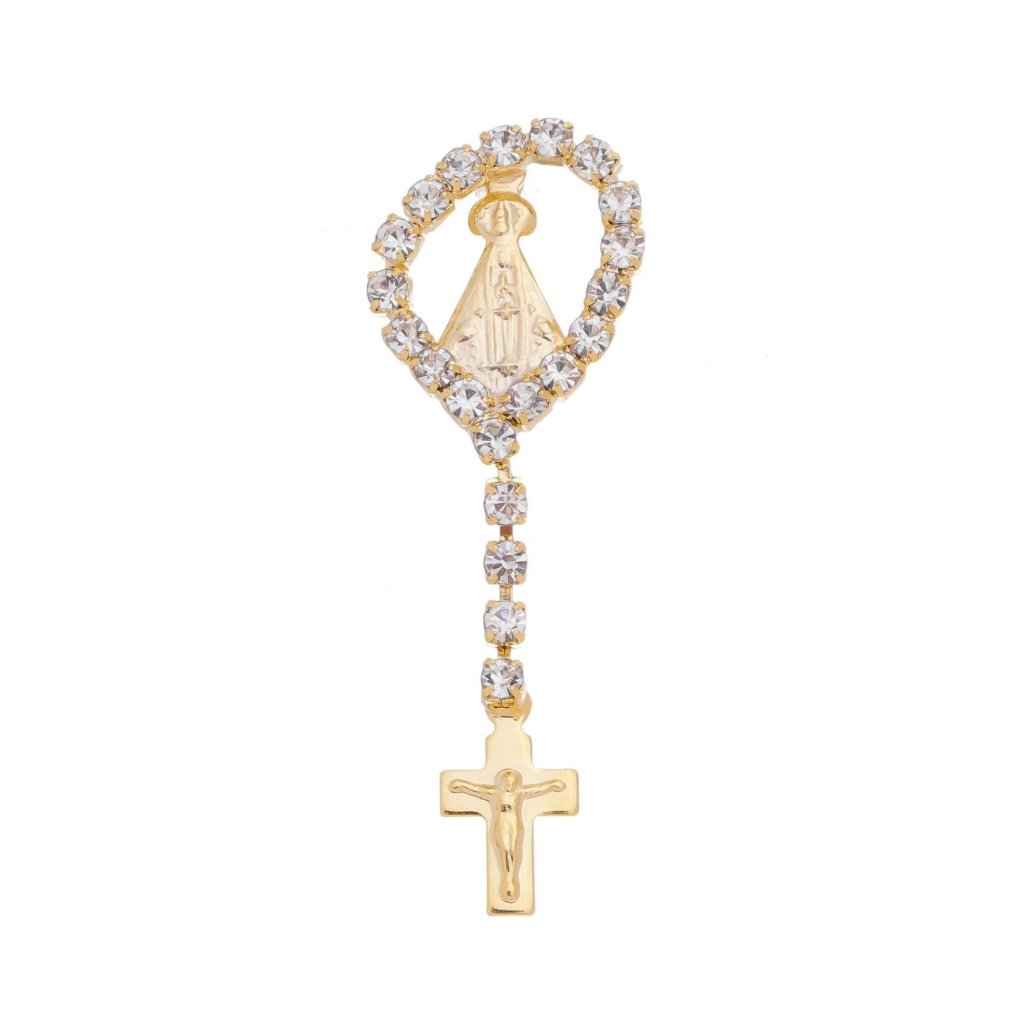 Boton Folheado de Nossa Senhora Aparecida em Forma de Terço e com Strass