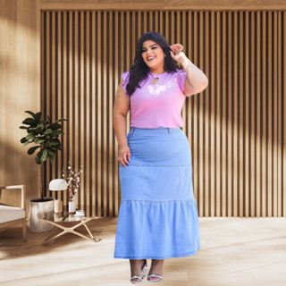 Saia Jeans Longa Plus Size Com Elastano Cintura Alta e Cinto Tamanho Grande 44 46 48 50 Moda Evangelica Crista Igreja em Oferta na Shopee