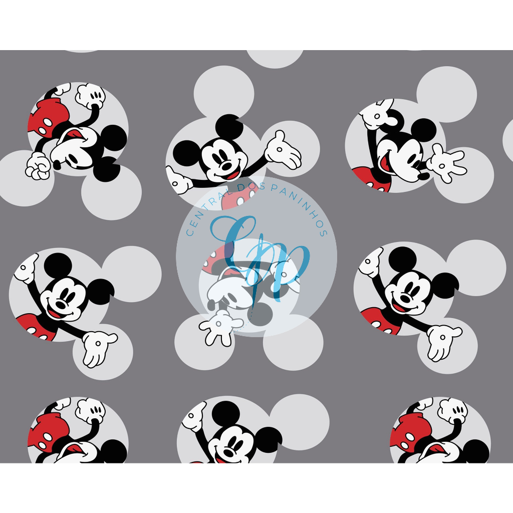Sintético Doll Estampado - Mickey carinhas - fundo cinza -  0,50 x 1,38