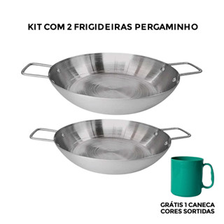 Kit 2 Frigideiras Pergaminho Extra 18 e 20cm com alça de Alumínio Polida 600ml 800ml, GRÁTIS CANECA 450ML Cozinha, Carnes, Grelhados