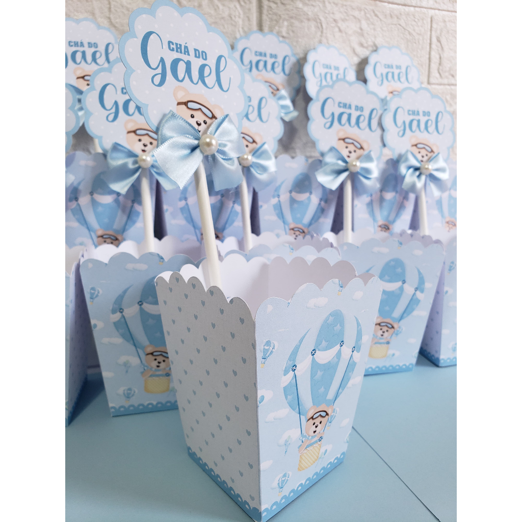 5 Unid Centro de mesa cachepot personalizado chá de bebê - chá fraldas - Menino - Tema Ursinho Baloeiro Azul - pegue e monte ou montado