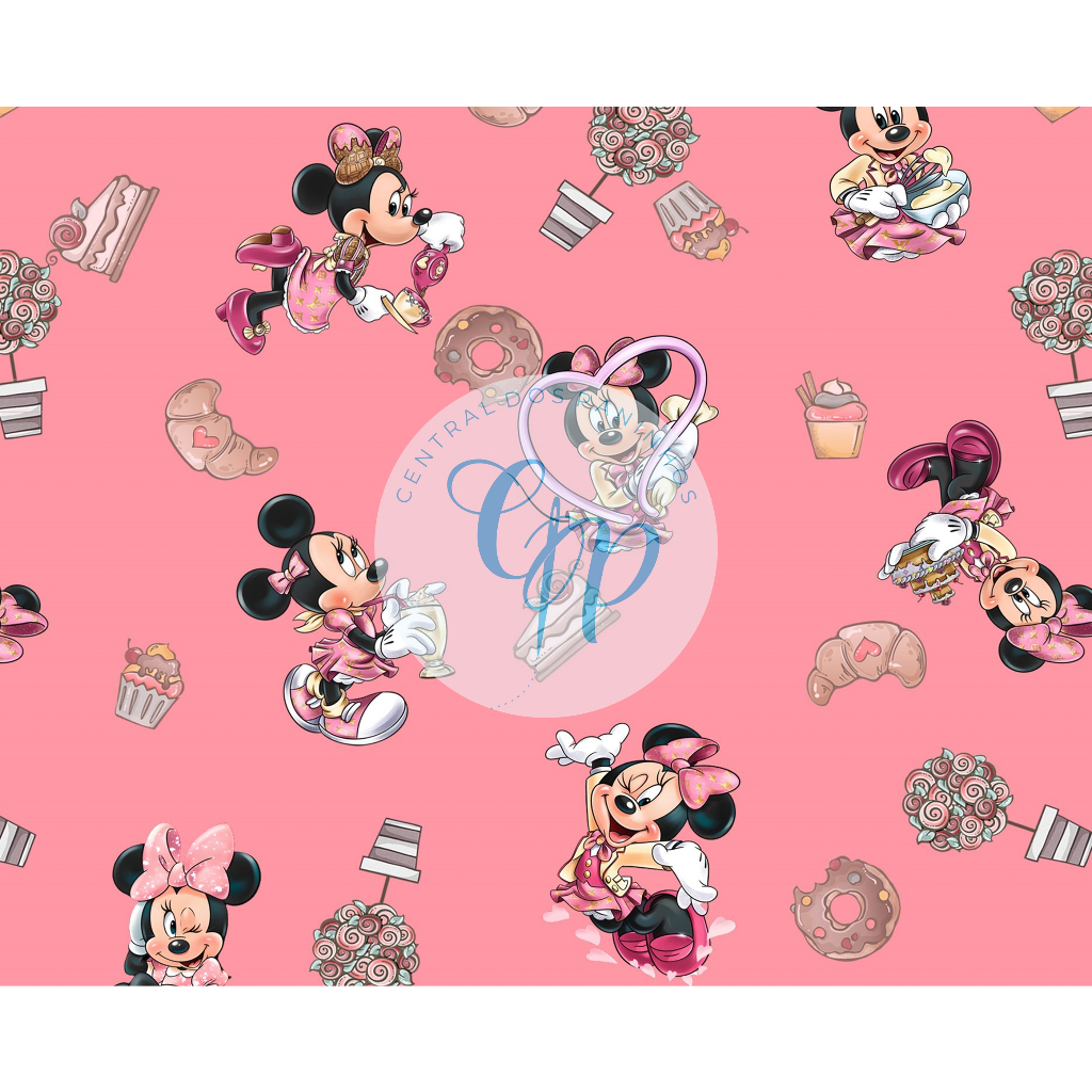 Sintético Doll Estampado - Minnie mouse - doces - fundo rosa -  0,50 x 1,38
