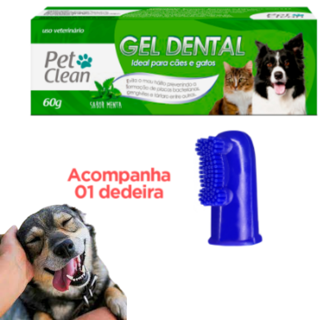 Kit Pasta De Dente Cães Gato Gel Dental Pet Clean sabor Menta Tutti Frutti Morango + Escova Dedeira