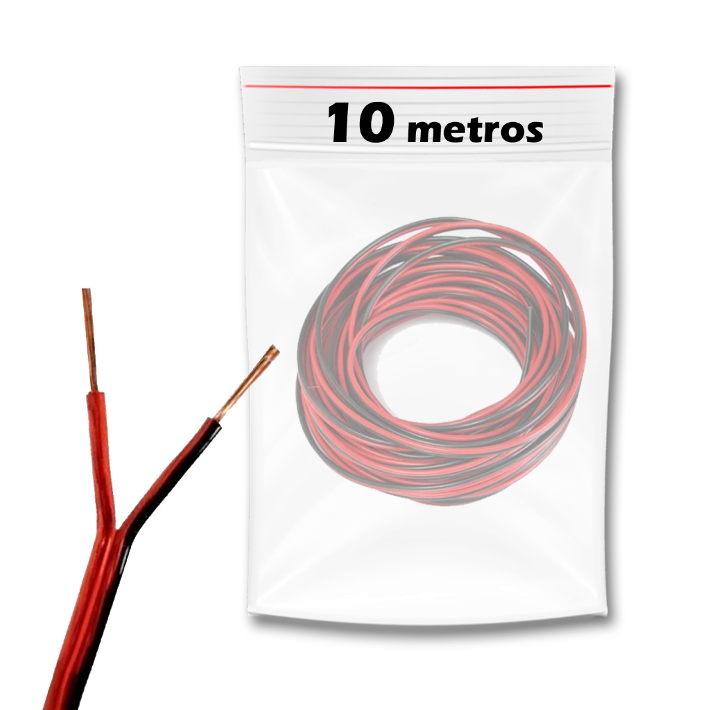 10 Metros de Fio Paralelo Cabo de Som Automotivo 2x14 Awg 1,5 mm  12V Duplo Preto e Vermelho Para Alto Falante