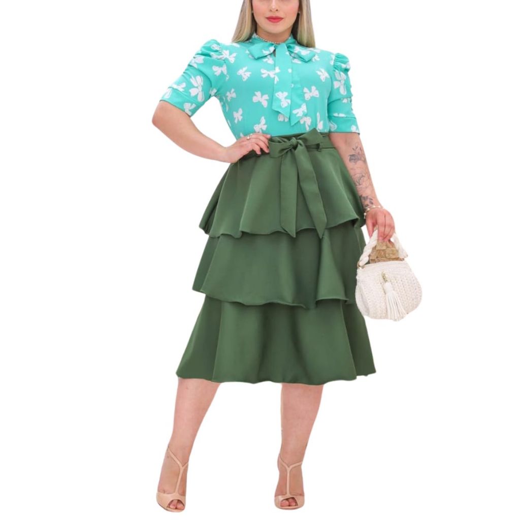 Saia femininas Midi com cinto babado três Maria