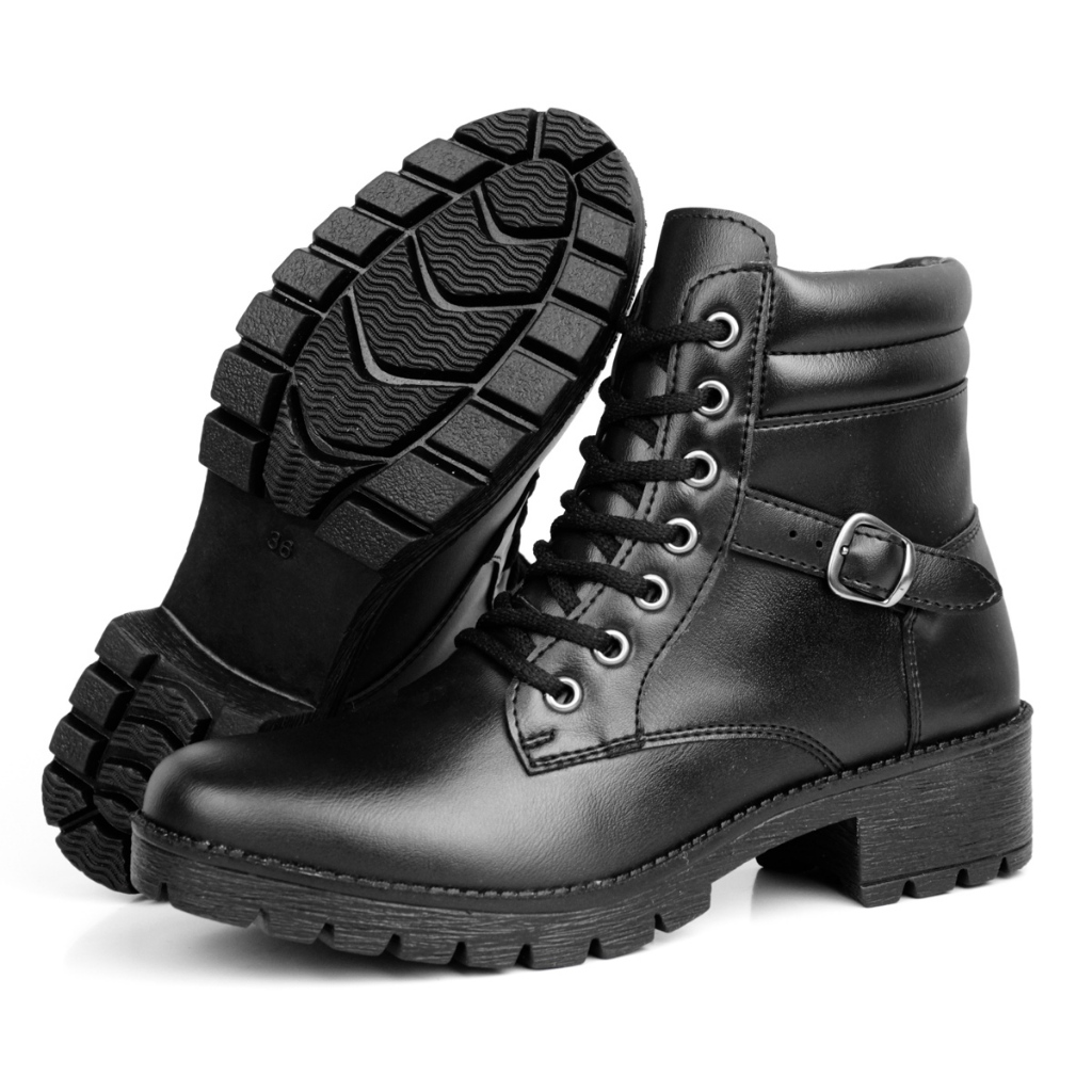 Bota Coturno Feminina Cano Baixo Cano Curto Tratorada Preto Salto Baixo Cadarço Fivela Moda Rock