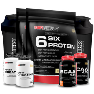 Kit 2x Whey Protein Concentrado 6 Six Protein 900g + 2x BCAA 4,5 100g + 2x Creatina Power 100g + 2x Coqueteleira Suplementos Para Potencialização da Musculação Bodybuilders