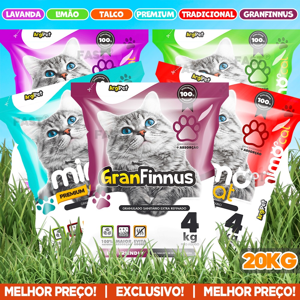 Kit com 5 Pacotes de Areia Finnus Cheiroso Sanitária Antiodor Tira Cheiro Mimo Cat Para Gatos Tradicional 100% Natural Argipet 4KG Por Unidade