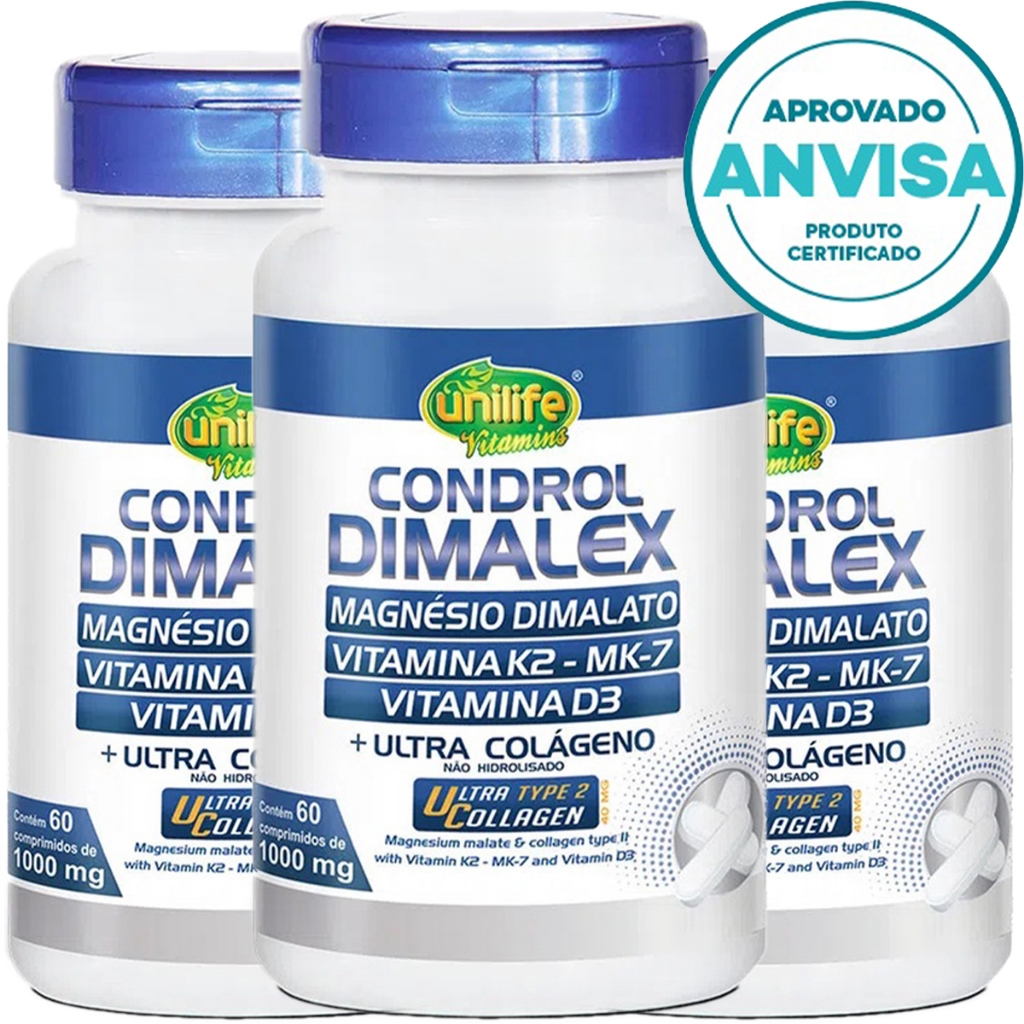 KIT 3x Condrol Dimalex -  Magnésio Dimalato + K2 MK7 + Vitamina D3 + Colágeno Tipo 2 Uc2 - 60 Comprimidos 1000mg - Unilife