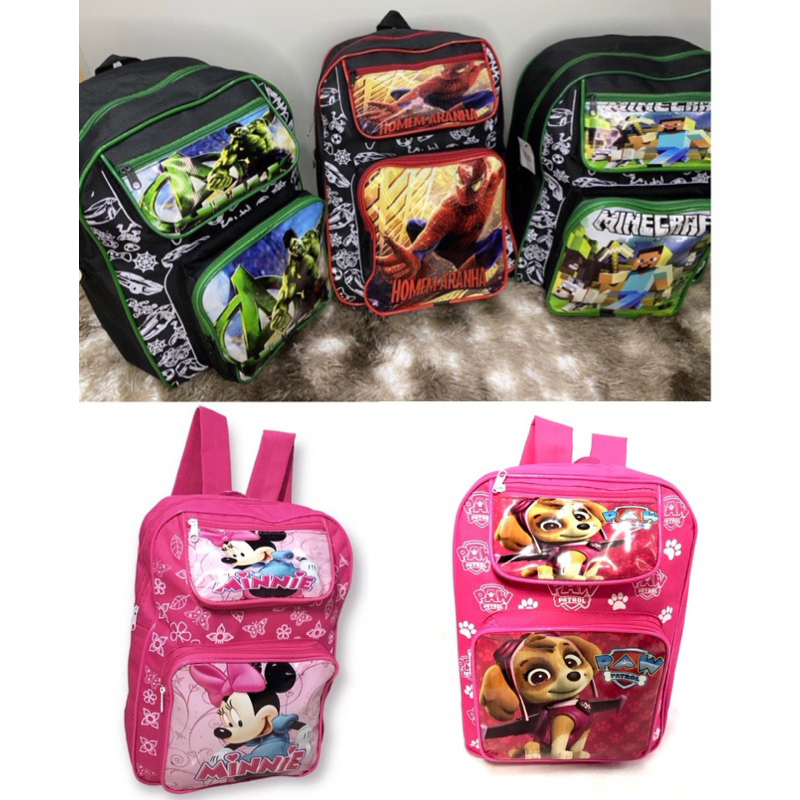 Mochila infantil Menino e Menina voltas aulas personagens Homem aranha, sonic, huck e outras
