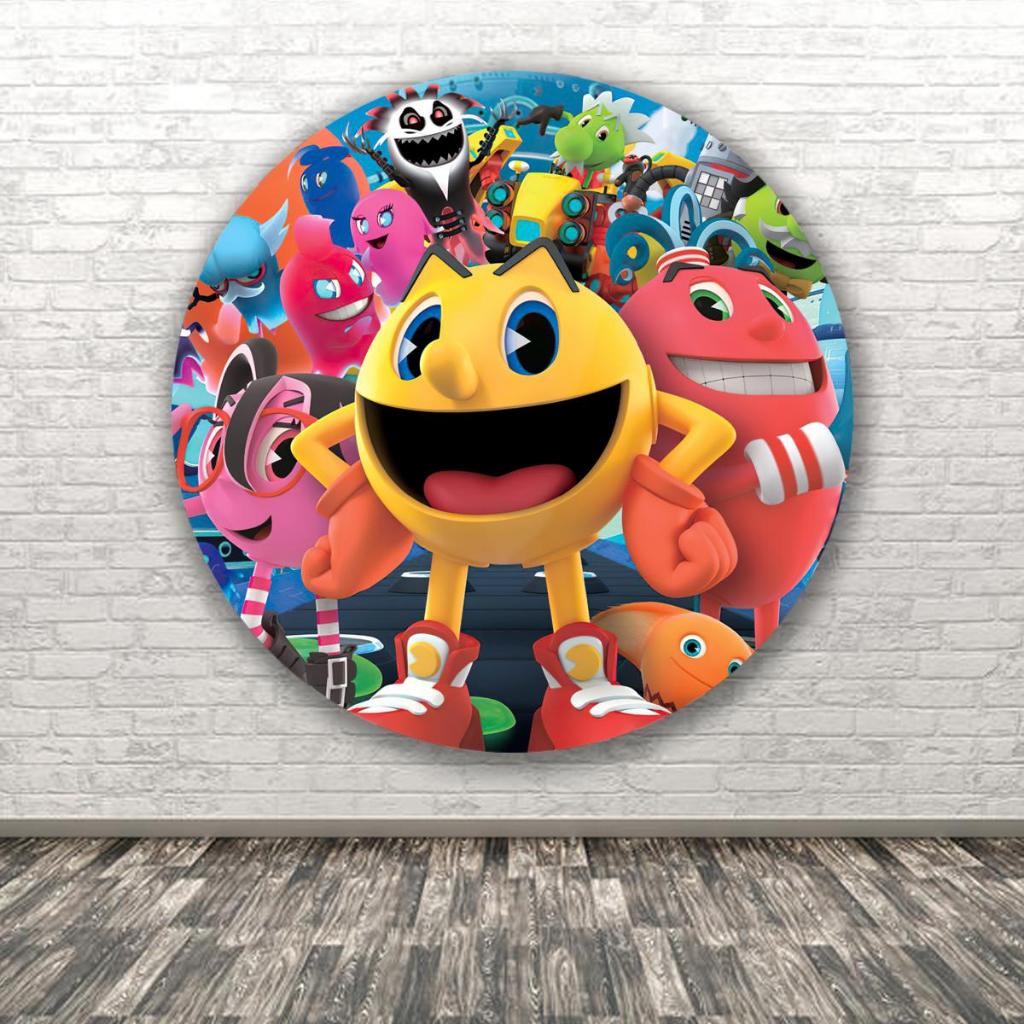 Painel Redondo Tematico Pac-Man Fliperama Minigame Decoração Festa Menino Aniversario Menina Cenario Fotografia Malha
