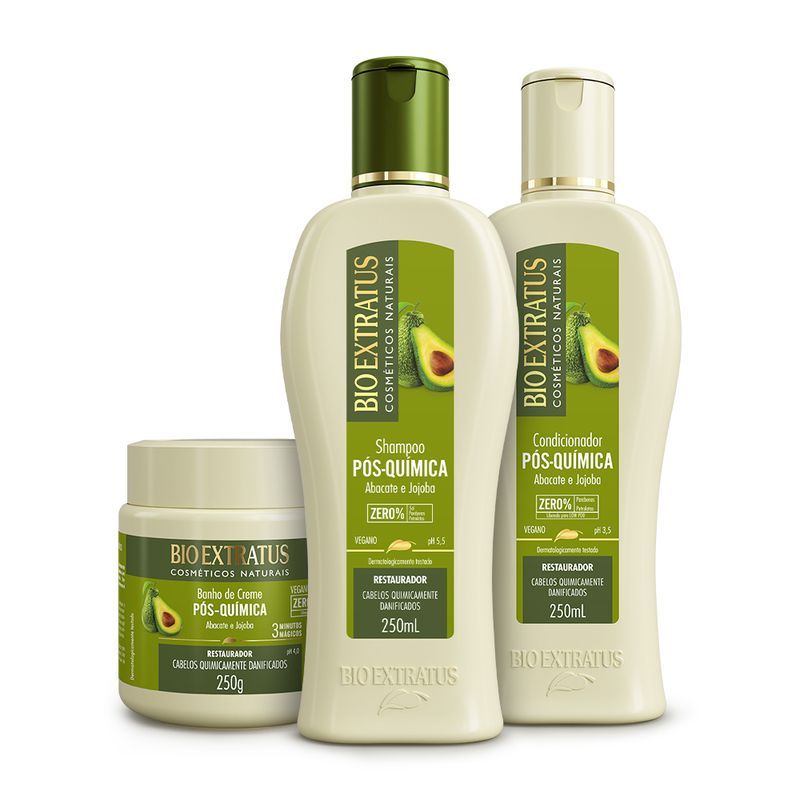 Kit Pós-Química Bio Extratus 250ml com 3 produtos Shampoo+Condicionador+Banho de Creme para cabelos quimicamente danificados, com abacate e jojoba