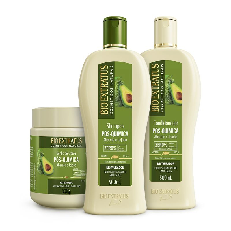 Kit Bio Extratus Pós-Química com 3 produtos Shampoo+Condicionador+Banho de Creme 500ml com abacate e jojoba, para cabelos quimicamente danificados