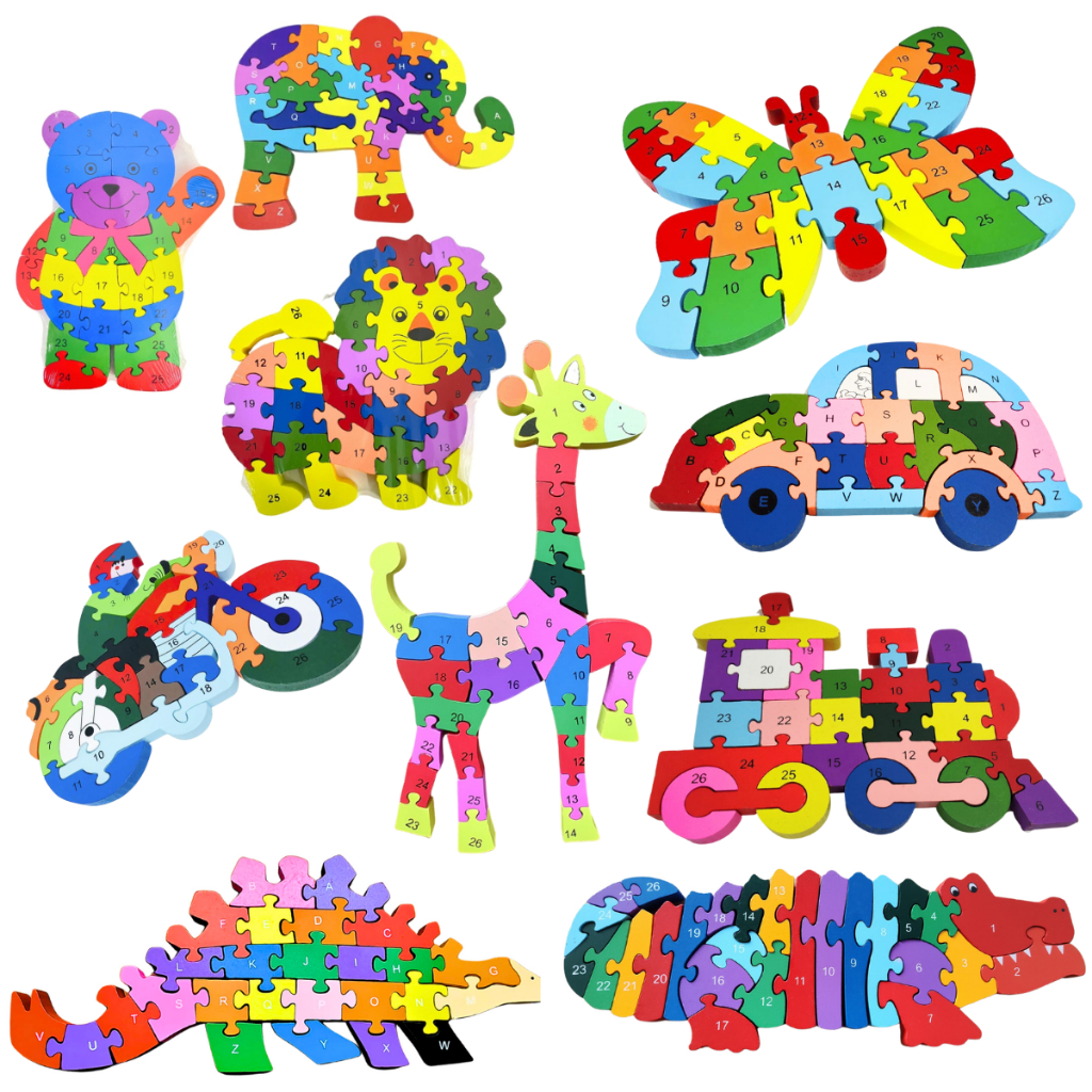 Brinquedo Quebra Cabeça 3D Grande Madeira 26 Peças Infantil Números e Letras Educativo Quebra Cabeça Infantil Montessori Elefante Jacaré Carro Trem Urso Borboleta Jacaré Dinossauro Leão Girafa Moto
