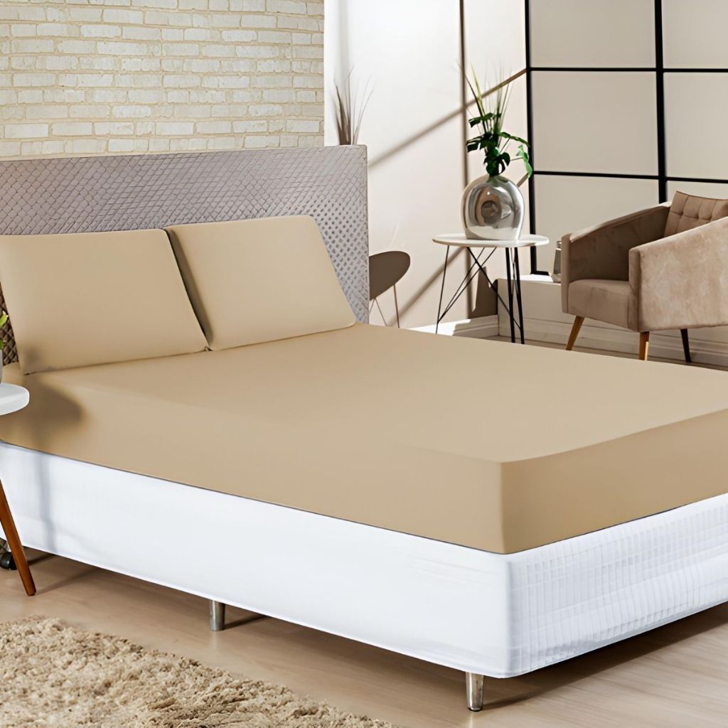 Jogo de Cama Lençol Queen Size 400 Fios 3 Pçs Micropercal com Elástico Cama Box Toque de Pêssego