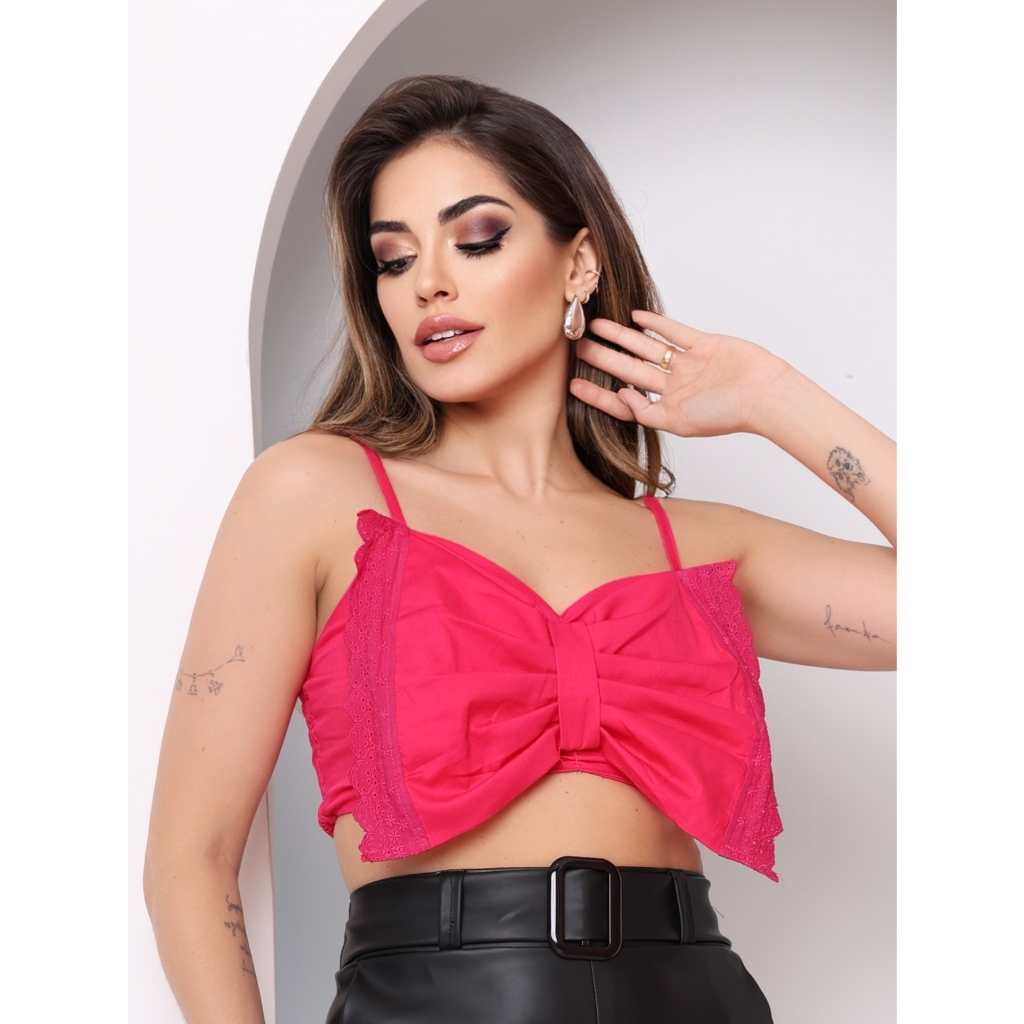 Cropped Feminino Elegante Carnaval Top Luxo com Laço Frontal e Lastex Tendência Moda Verão Promoção