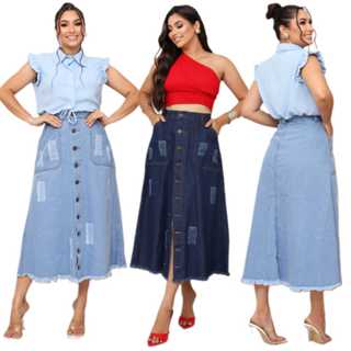 Saia Jeans Longa Feminino Moda Crista Evangélica