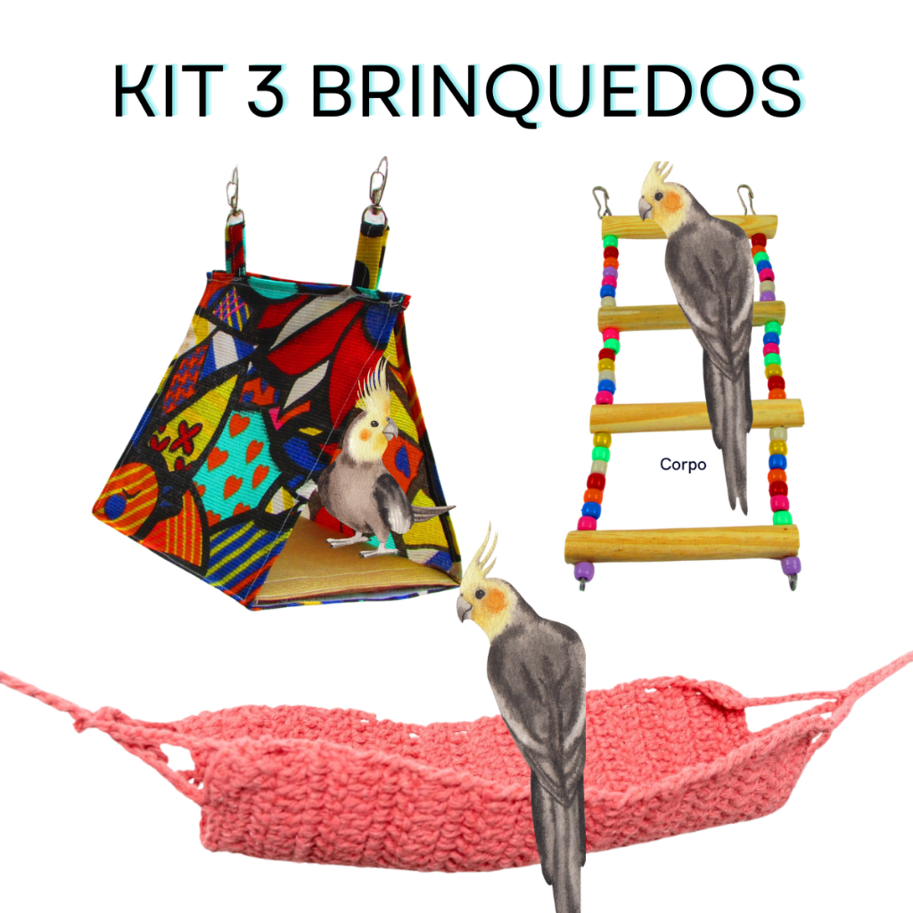 Kit Cabana Redinha Escadinha Brinquedo Calopsita Periquito Agapornes Rinq Neck Pássaros Aves Pequenas
