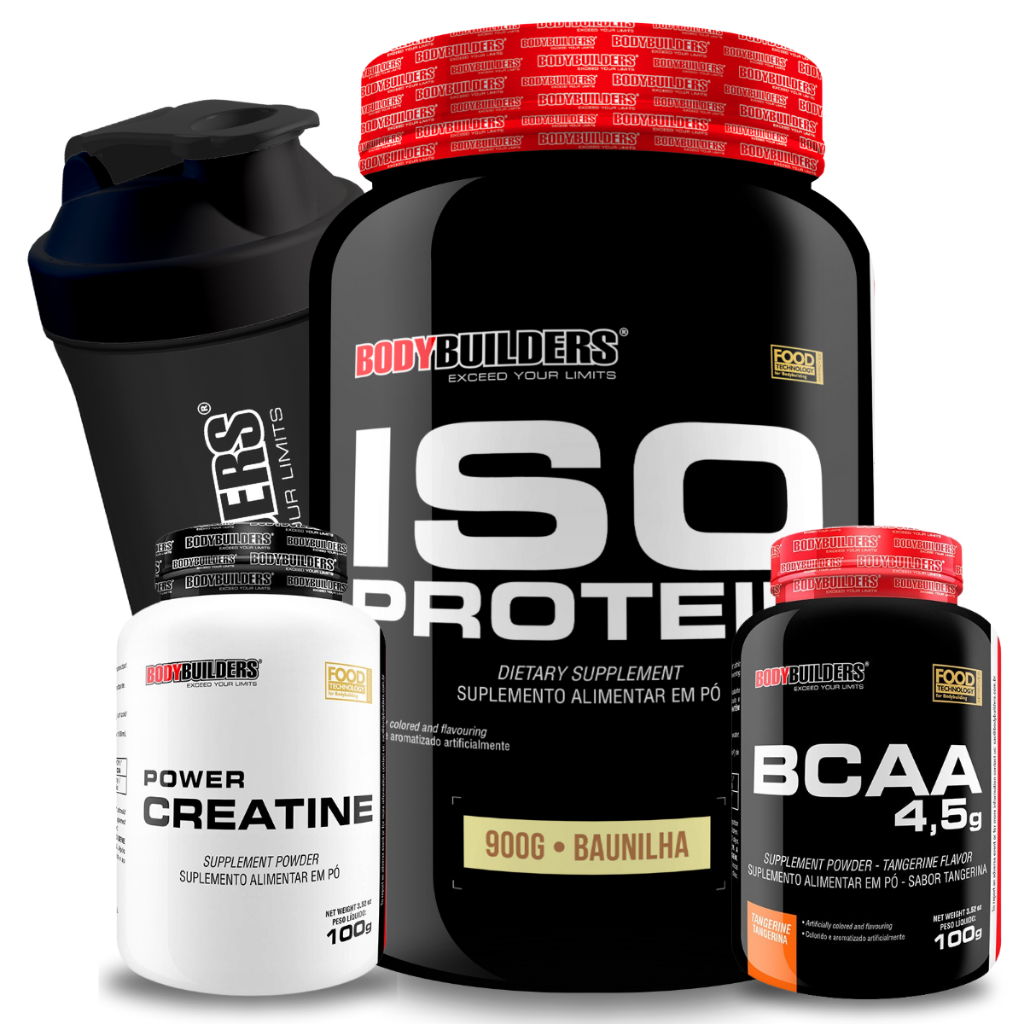 Kit Iso Protein 900g + BCAA 100g +  Creatina Power 100g + Coqueteleira - Bodybuilders em Oferta na Shopee