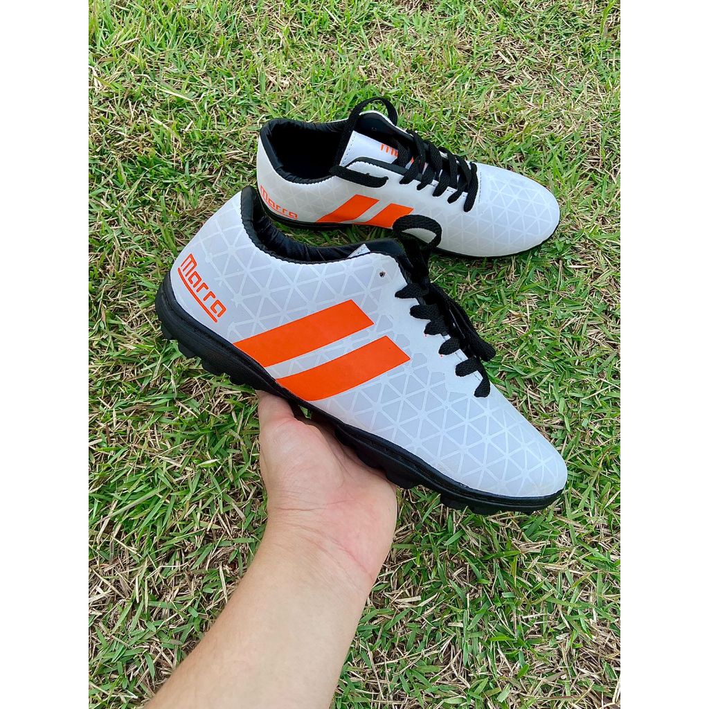 Tênis Chuteira Society Costurada M-1 BRANCO/LARANJA Super Reforçada Quadra Society Adulto Unissex Masculino Feminino