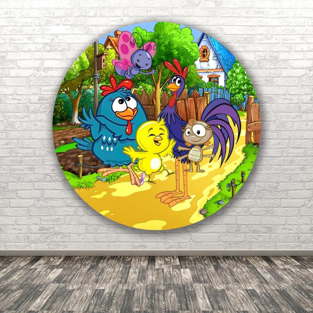 Painel Redondo Tematico Galinha Pintadinha Pintinho Amarelinho Fofo Bebe Criança Cenario Fotografico Malha Sublimada