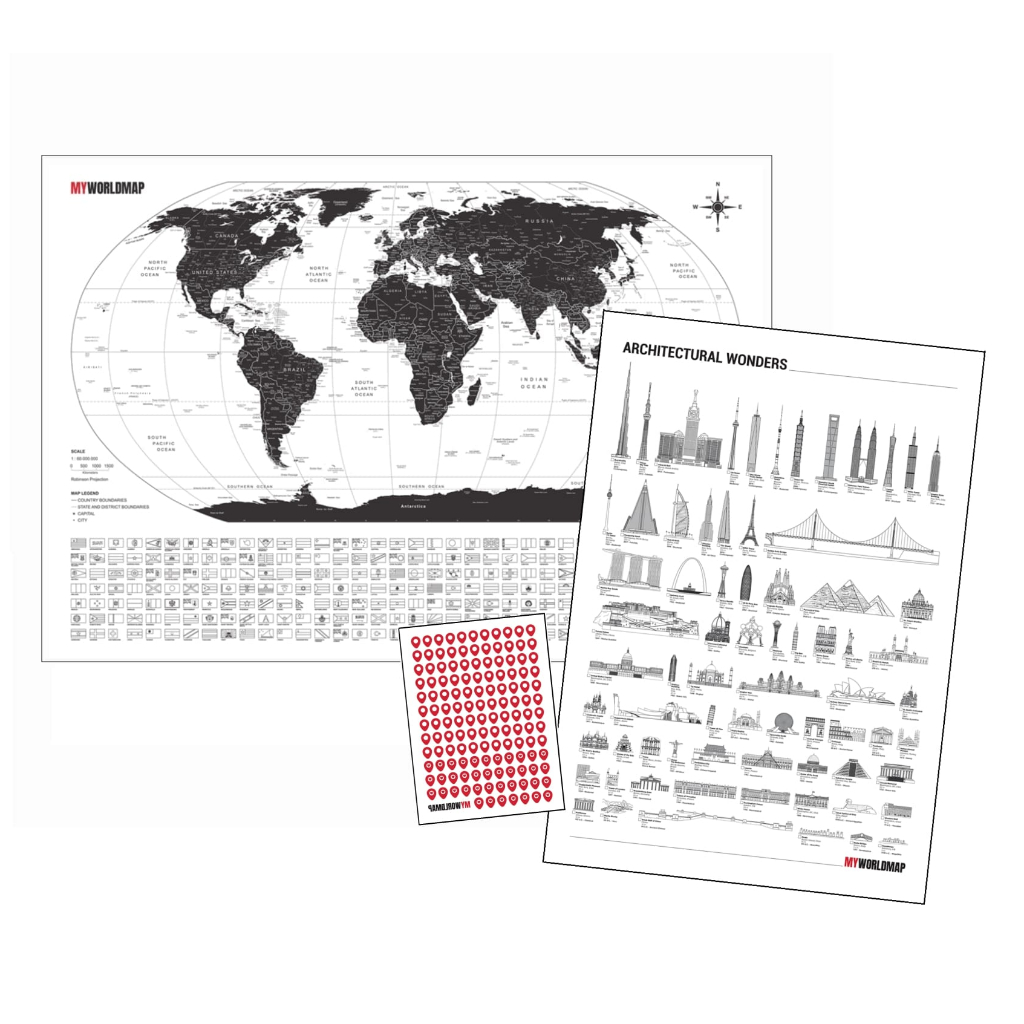 Combo Mapa Mundi e Maravilhas da Arquitetura - Inclui Pins Adesivos - Mapa de Viagens Gigante Minimalista