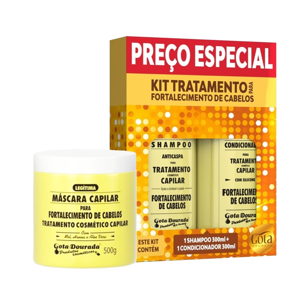 Kit Tratamento Gota Dourada Fortalecimento 1 Shampoo 300ml 1 Condicionador 300ml 1 Máscara 500g