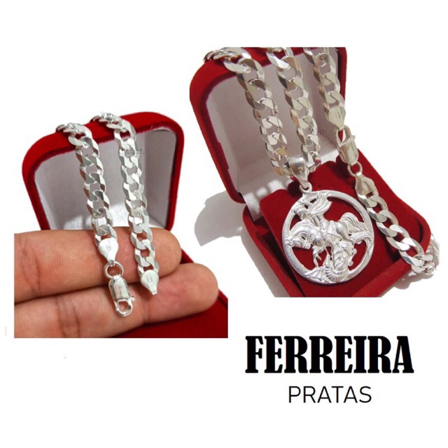 kit prata conjunto prata 925 corrente 1x1 10mm 70cm prata masculino cordão grosso correntinha masculina colar prata kit conjunto com pingente São Jorge