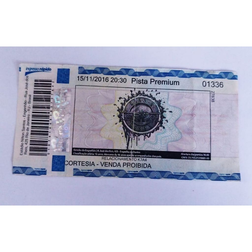 Canhoto ingresso Guns n Roses 2016 Rio de Janeiro