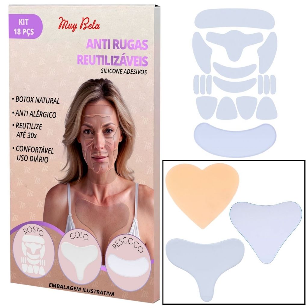 Silicone Reutilizável para Rugas do Rosto Pescoço e Colo Adesivo Muy Bela Colágeno Natural Anti Marcas