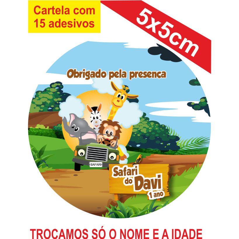 2 Cartelas de Adesivos (30 unidades) Safari Personalizados 5x5cm Festa Aniversário Lembrancinha