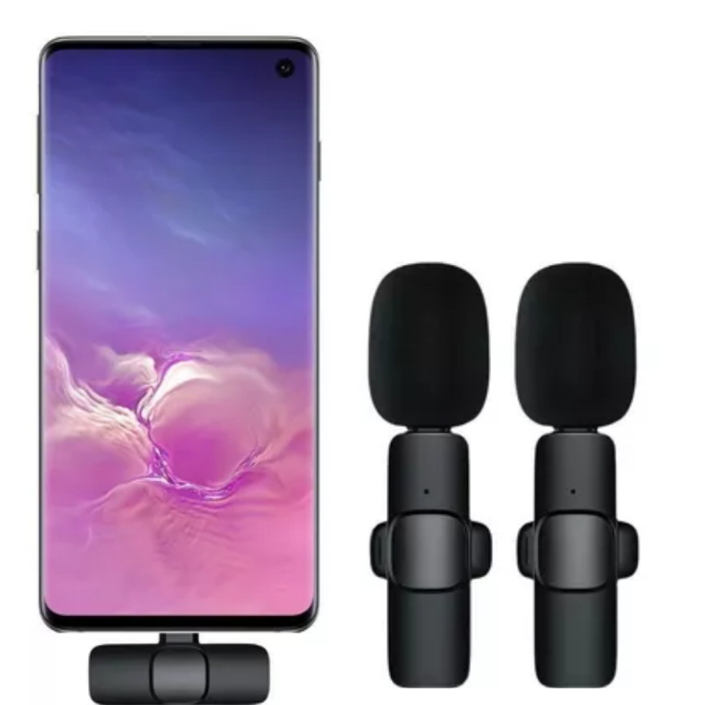 Microfone de Lapela Duplo Sem Fio Vlog Compatível Tipo C e iPhone