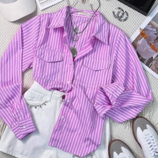 Camisa Feminina Social Manga Longa Listrada com Botão e Bolso