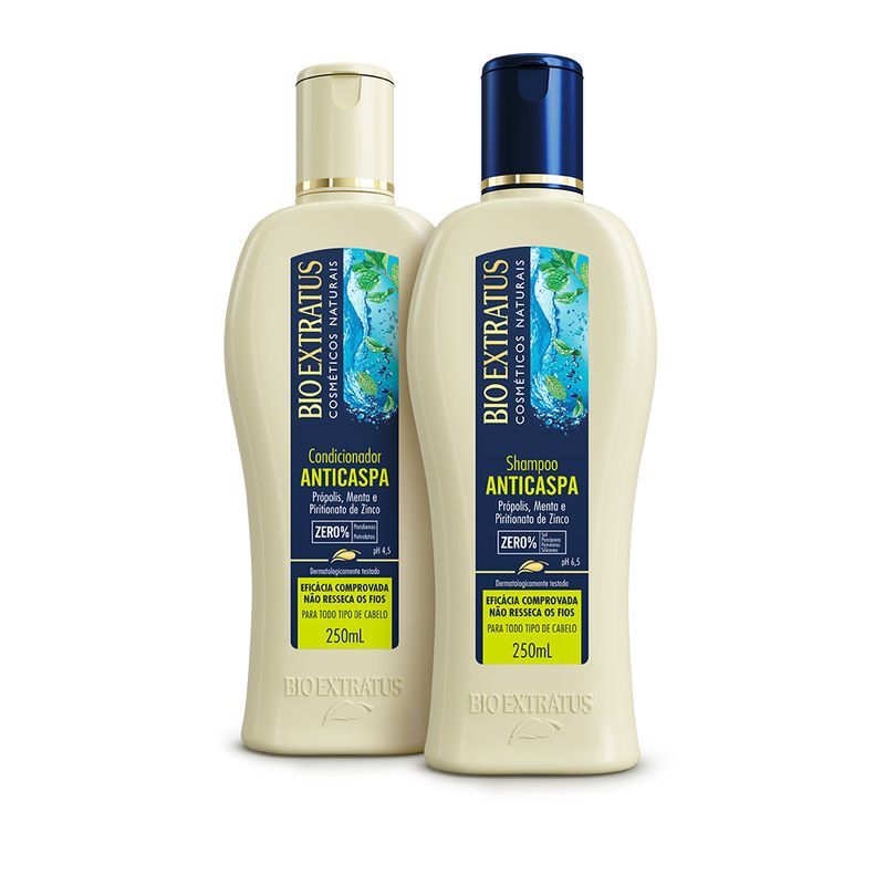Kit Bio Extratus Anticaspa 2 produtos Shampoo+Condicionador 250ml com própolis e menta para todos os tipos de cabelos
