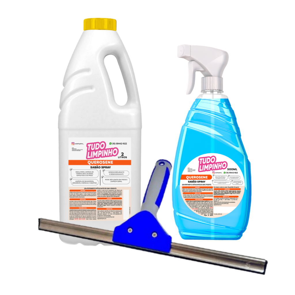 KIT VIDROS SPRAY SABÃO DE QUEROSENE DE 2 LITROS E 500 ML MAIS 1 RODO PROFISSIONAL BRALIMPIA em Oferta na Shopee