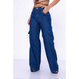 Calça jeans feminina cargo pantalona wideleg leg cintura alta varias cores: Preta, azul Claro e Escuro em Oferta na Shopee