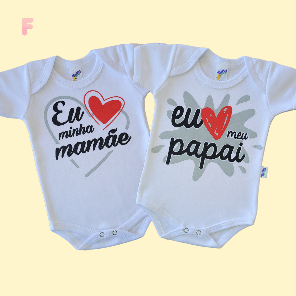 Kit 2 Body Bebê Eu Amo Mamãe e Eu Amo Papai Frase Divertido Infantil 100% Algodão Bori Rec...