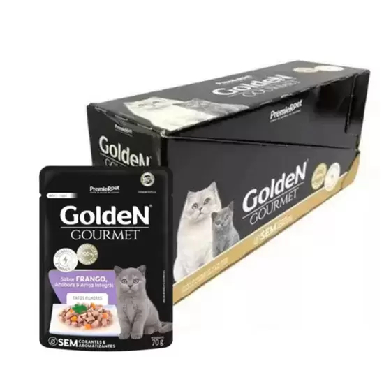 Kit 20 unidades Sachê Golden Gourmet Alimento Gatos Filhotes Frango, Abóbora e Arroz Integral 70g em Oferta na Shopee
