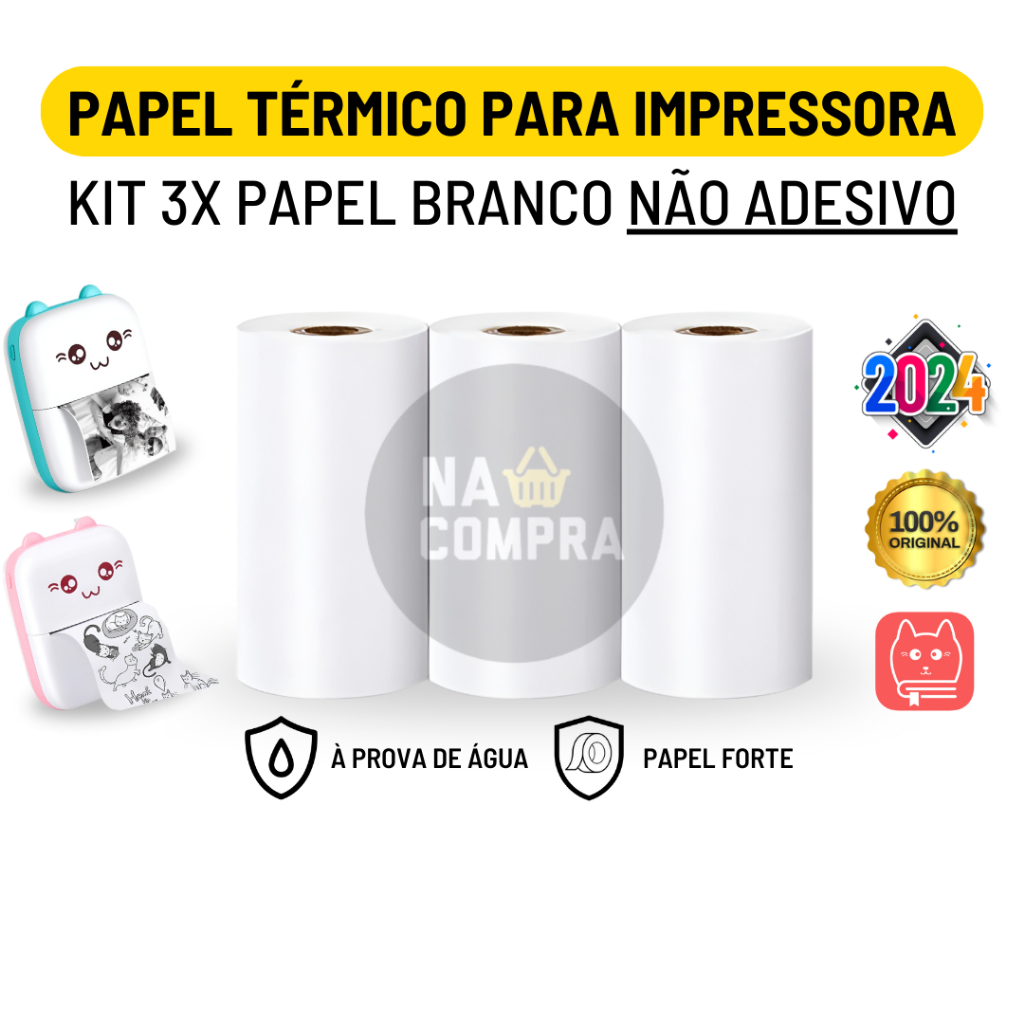 Kit 3 Bobina Rolo De Papel 30 Metros 57x30mm Branco Mini Impressora Portátil a Prova De Água Impressão De Fotos Agenda Notas Jornal Fotográfico Recibo