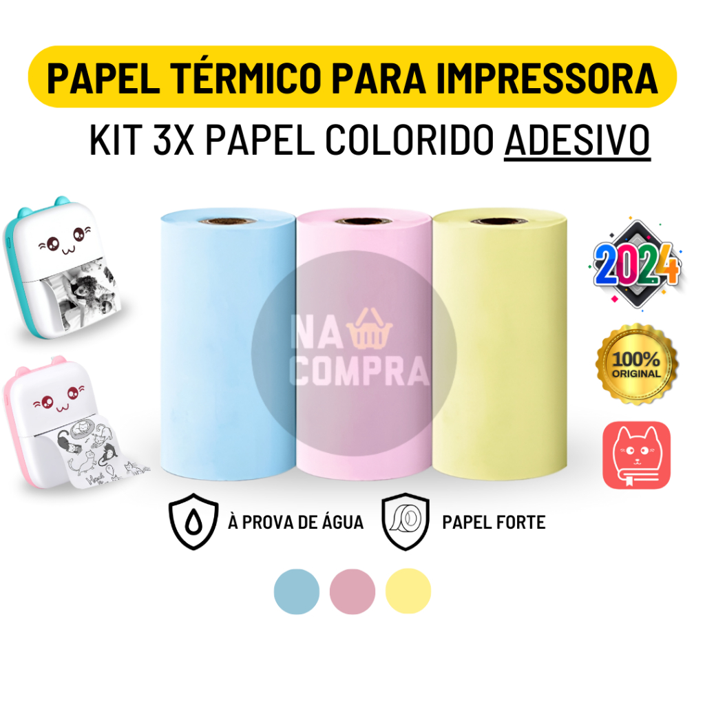 Kit 3 Bobina Rolo De Papel Térmico Adesivo 57*30mm Colorido Para Mini Impressora Portátil De Gatinho a Prova De Água Impressão De Fotos Agenda Notas Jornal Fotográfico Recibo