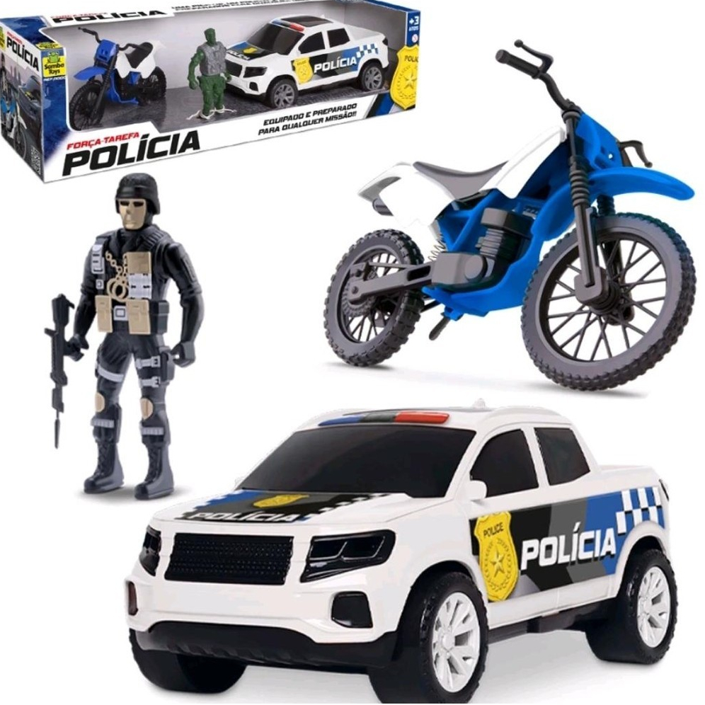 Carro Pick-Up Roda Livre Com Boneco + Moto Policia Força Tarefa - Envio Imediato - Samba Toys -
