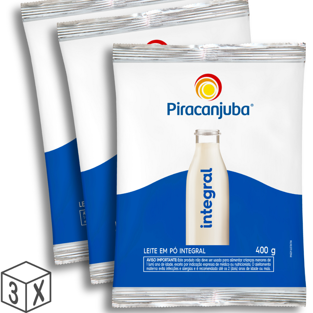 Pack 3 unidades Leite em Pó Integral Piracanjuba 400g - Kit com 3x400g em Oferta na Shopee
