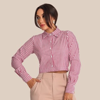Camisa cropped no tricoline manga longa colarinho de botões