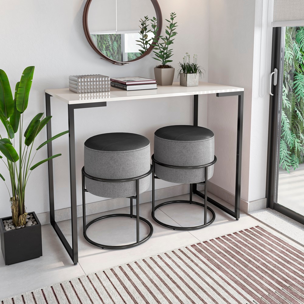 Kit 2 Puff Banqueta Iron Em Couro E Linho Cinza Decorativo Base Argola De Ferro Preto