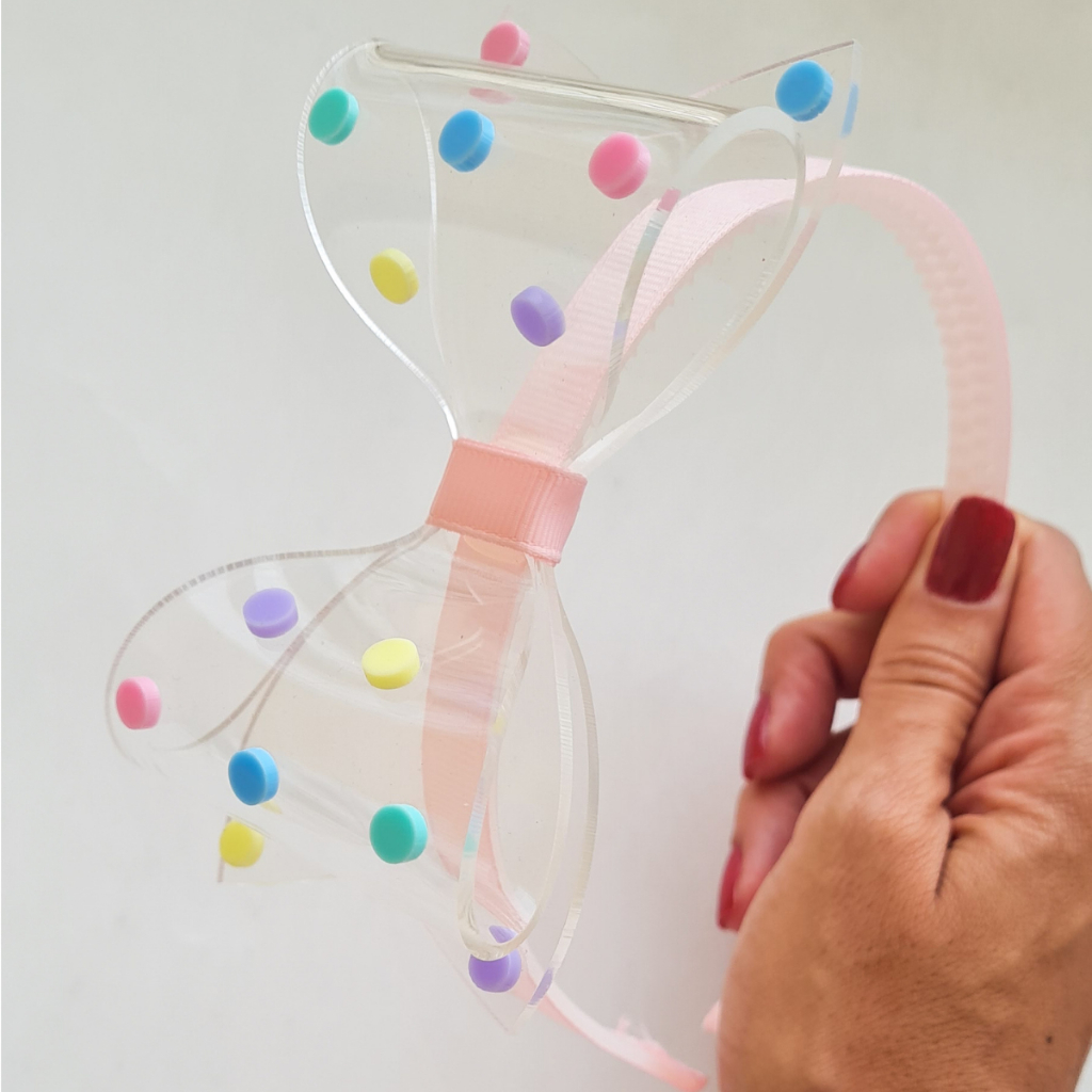 Tiara de cabelo infantil com laço de acrílico e bolinhas coloridas em Oferta na Shopee