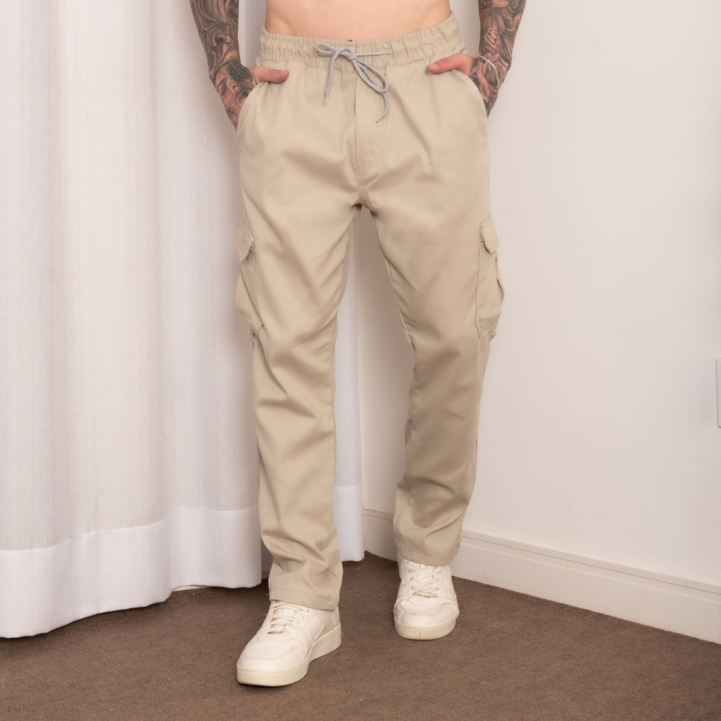 Calças Cargo Sarja masculino com elásticos