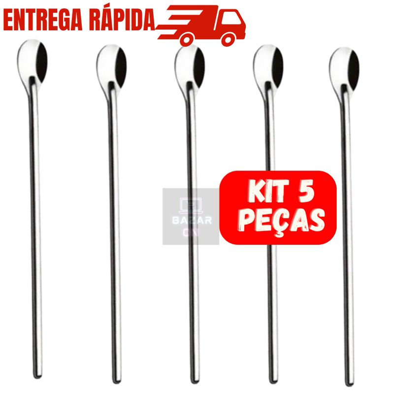 Kit Jogo com 5 Colheres Bailarina em Aço Inox Para Suco Laranja Morango Drinks Bebida Barmen