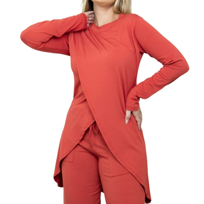 Blusa Feminina Cruzada Mullet Manga Longa Inverno Elegante Alongada Atras Tampa Bumbum