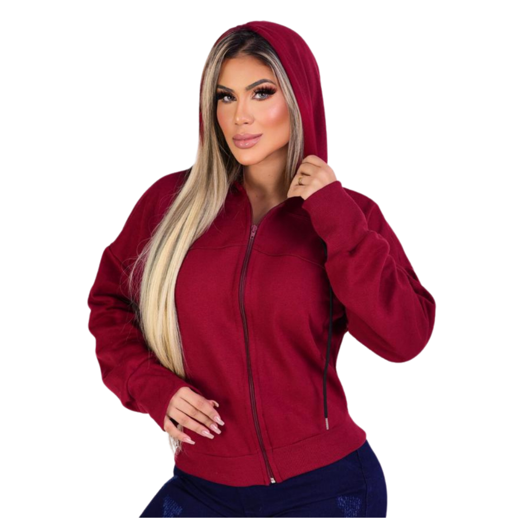 Blusa de Frio Feminino Moletom Quentinho  Confortável Com Ziper Capuz 100 % Algodão Invern...